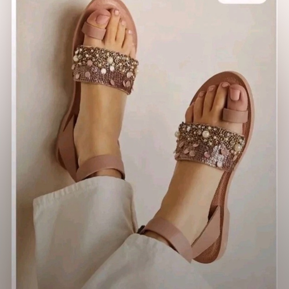 Free People Pink Beaded Ankle Strap Sandals